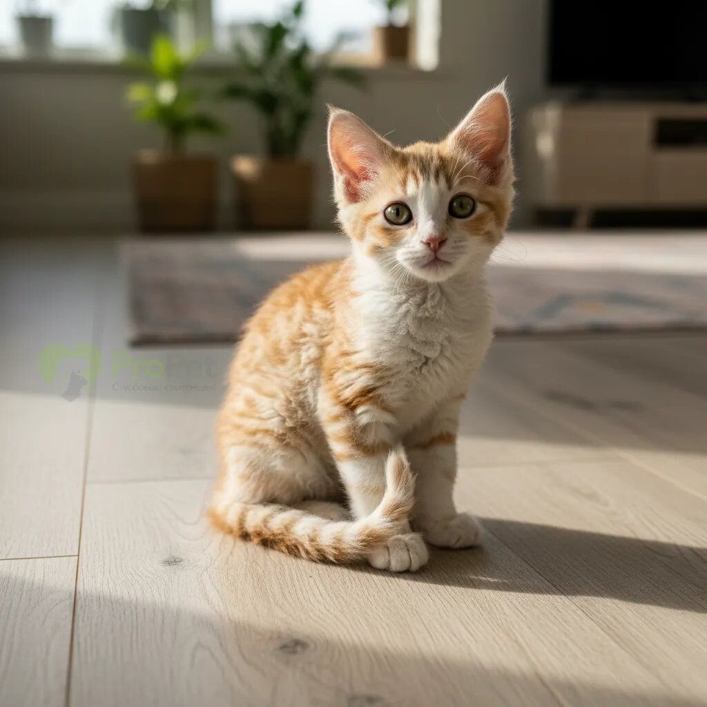 Котенок Лаперма с редкой кудрявой шерстью сидит на деревянном полу