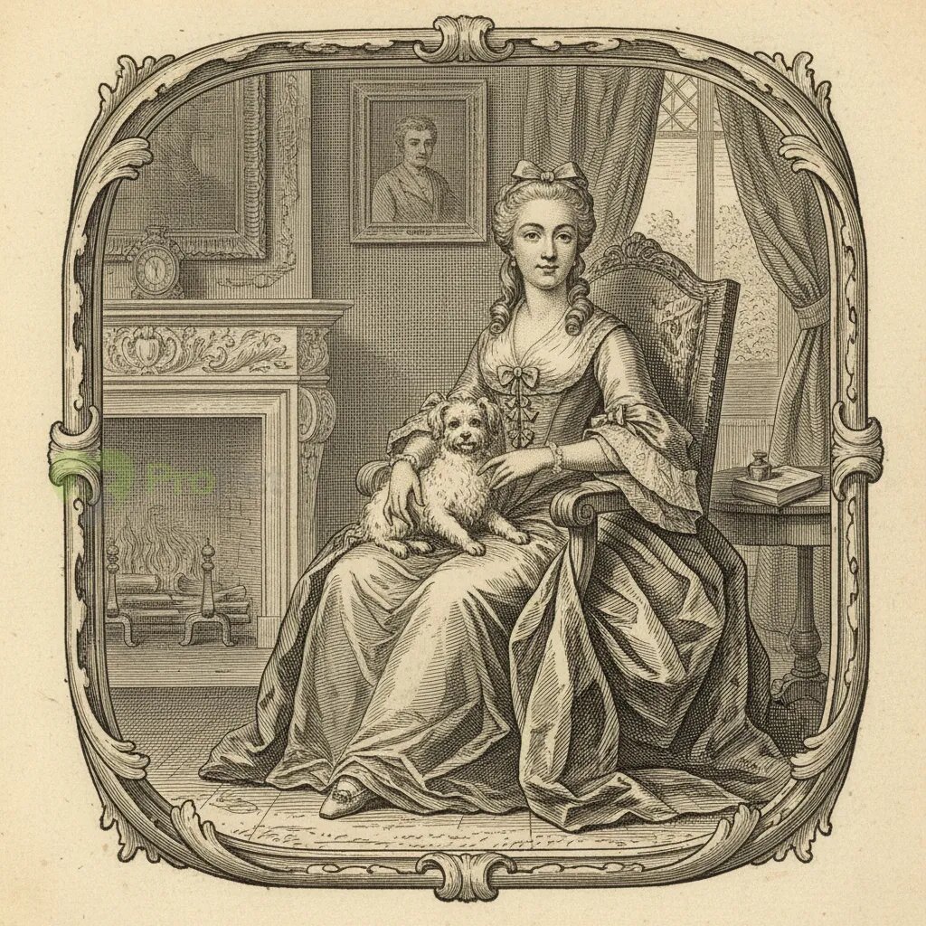 Старинная гравюра, изображающая даму с маленькой белой собачкой.