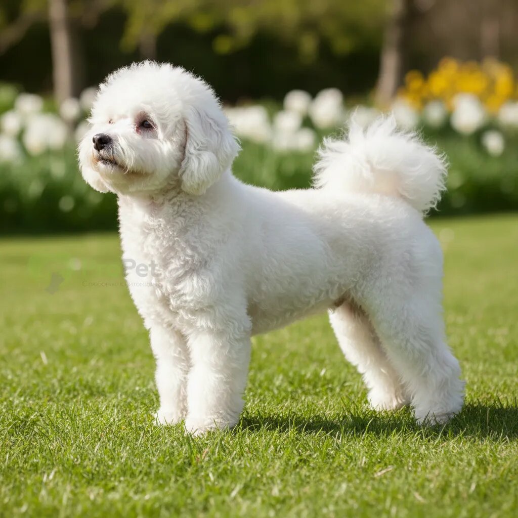Белый бишон фризе на зеленой траве, демонстрирующий стандартную стойку.