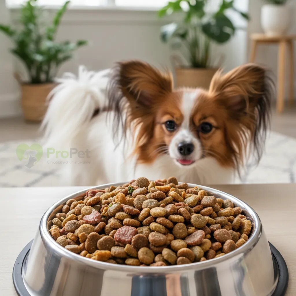 Миска с высококачественным сухим кормом для собак, на фоне папильон