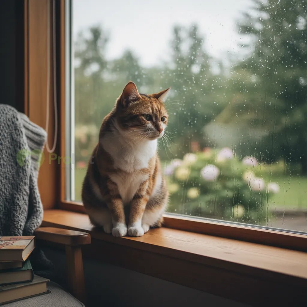 Кошка, задумчиво смотрящая в окно.