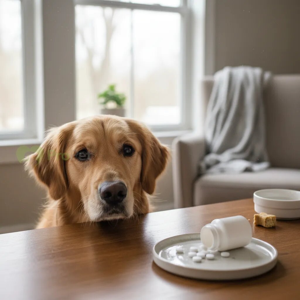 Собака смотрит на таблетки на столе
