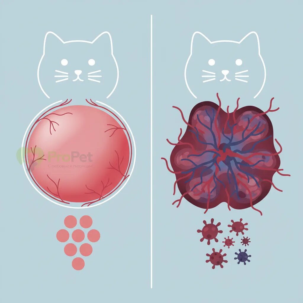 Схематичное изображение доброкачественной и злокачественной опухоли у кошки