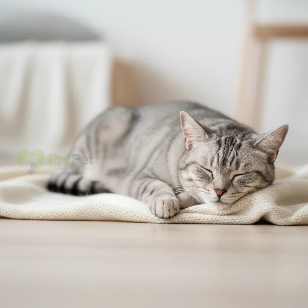 Спокойная кошка серого окраса лежит на светлом фоне