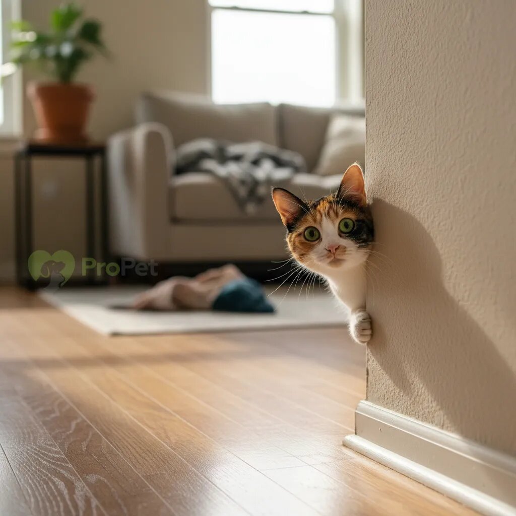 Любопытная кошка выглядывает из-за угла квартиры