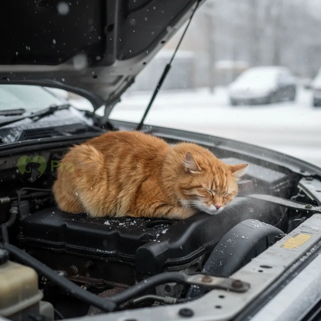 Кошка спит под капотом автомобиля зимой, ища тепло