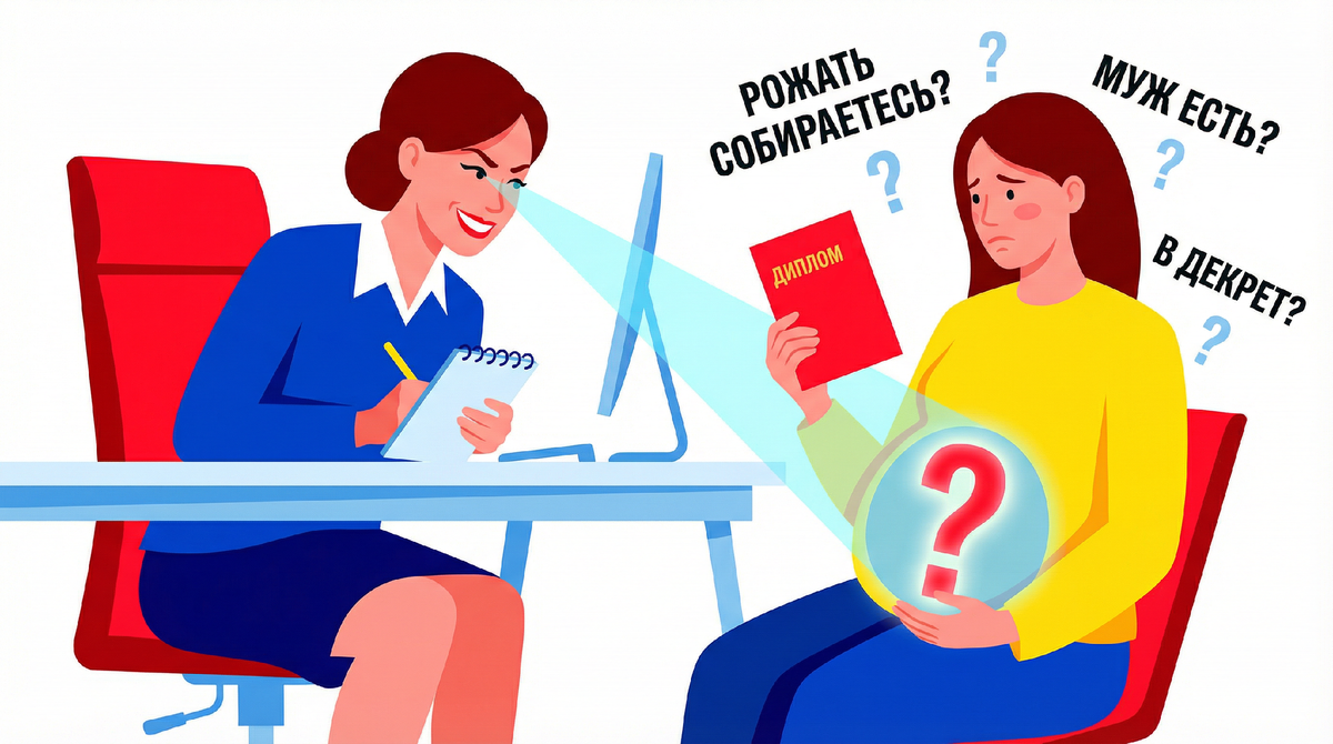 HR-менеджер записала в блокнот: «Замужем, детей планирует». 
Через три дня — отказ. Красный диплом и 8 лет опыта — мимо. А Катя без 
опыта, но «не планирует» — прошла