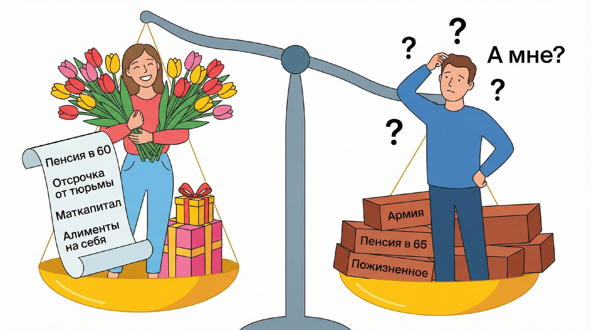 Муж подарил мне на 8 Марта букет и сказал: "Поздравляю с днём борьбы за права. Только за какие вы ещё боретесь — у вас и так прав больше" Оказалось это правда. Феминизм победил?