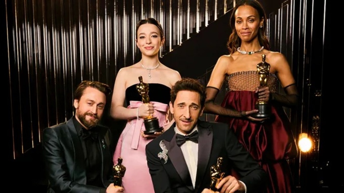 Слева направо: Киран Калкин, Майки Мэдисон, Эдриан Броуди и Зои Салдана/Источник: AMPAS