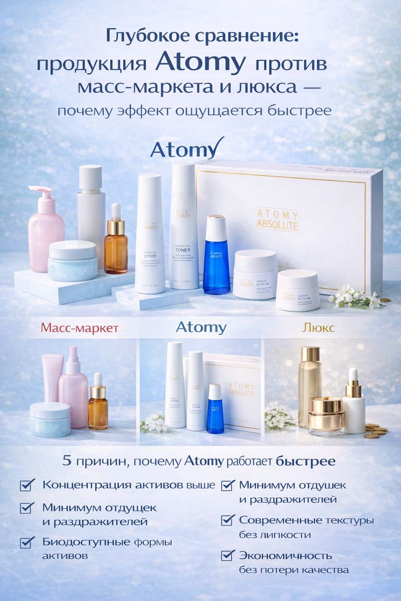 Глубокое сравнение: продукция Atomy против масс-маркета и люкса — почему эффект ощущается быстрее