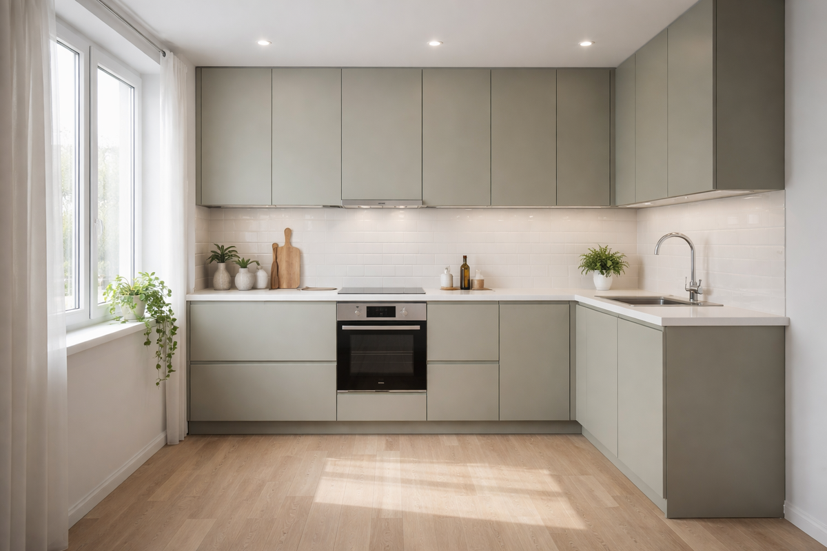 Современная оливковая кухня фото в светлом интерьере 