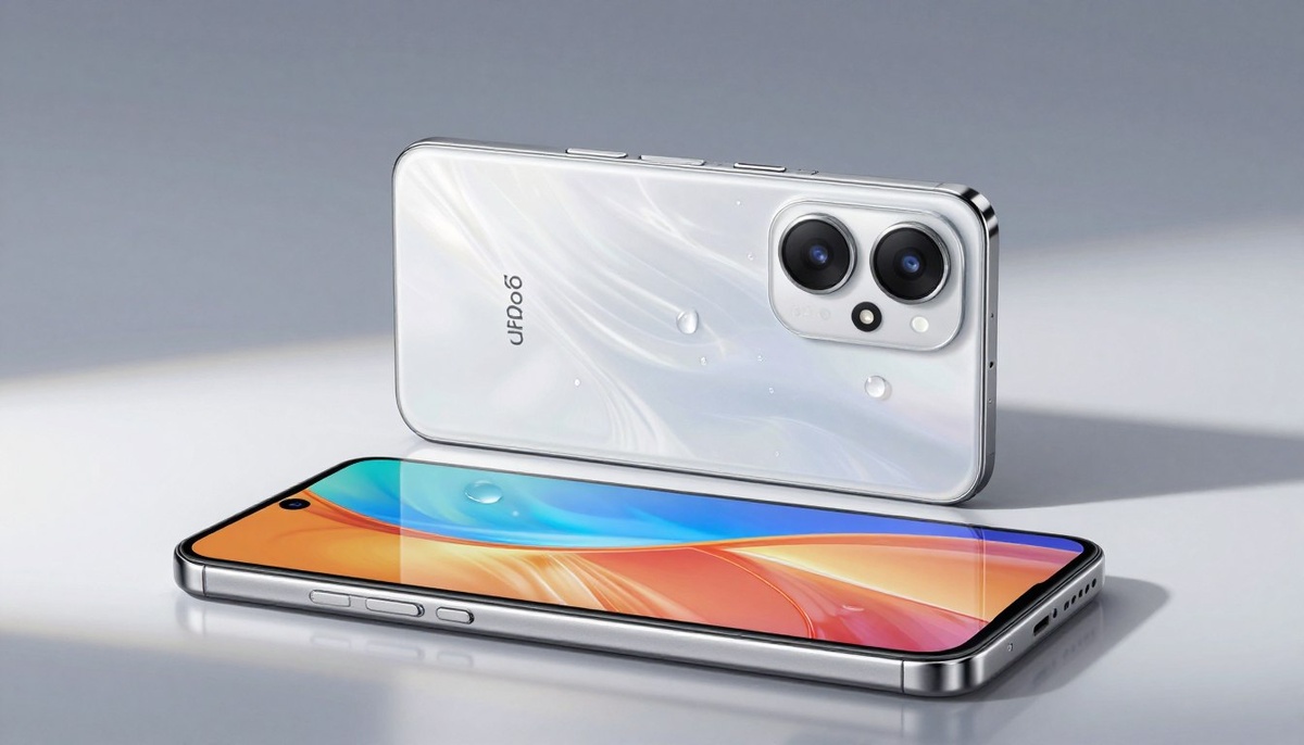 Смартфон, представляющий собой модель OPPO Reno15 F, отличается лаконичным дизайном и элегантной отделкой. Телефон изображен на чистой отражающей поверхности, а капли воды подчеркивают его водо- и пыленепроницаемость по стандарту IP69. На переднем плане крупным планом виден яркий дисплей телефона, подчеркивающий его яркие цвета и четкое разрешение. На заднем плане изображен тонкий градиент в технологическом стиле, создающий современную атмосферу. Мягкое рассеянное освещение освещает пространство, создавая мягкие блики и тени, которые подчеркивают контуры телефона. Общая атмосфера отражает передовые технологии и долговечность, что идеально подходит для демонстрации технических характеристик и возможностей телефона без отвлекающих факторов или наложения текста.