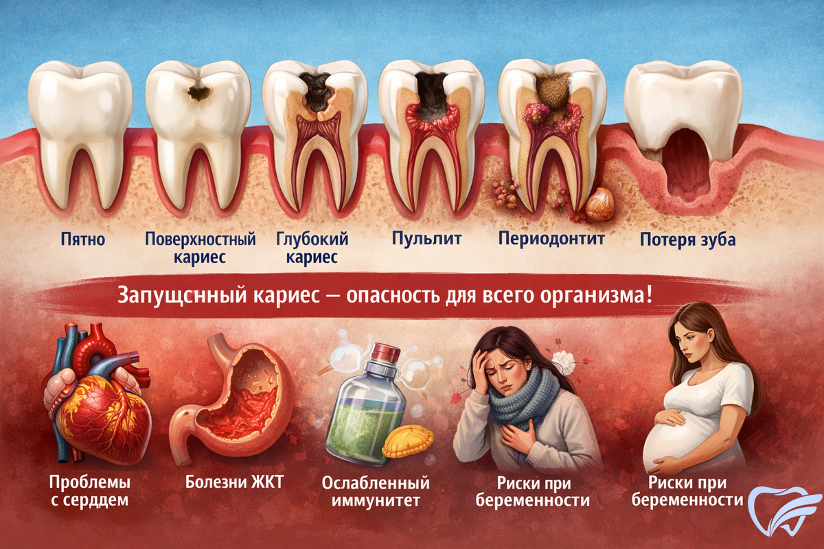 Наглядная инфографика, показывающая, как кариес проходит путь от небольшого пятна до потери зуба и серьёзных осложнений для всего организма — сердца, ЖКТ, иммунитета и беременности.