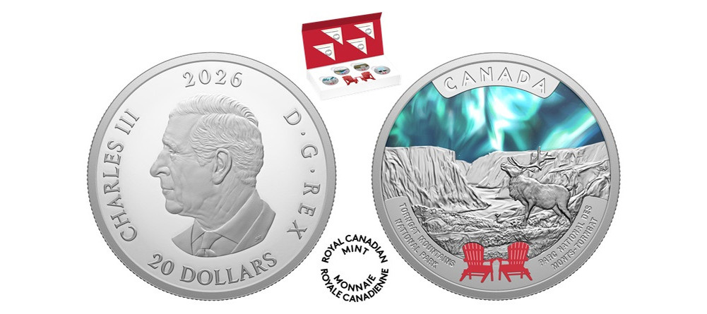    Серебряная монета Канады 20 долларов 2026 года национальный парк Торнгат-Маунтинс карибу северное сияние красные кресла