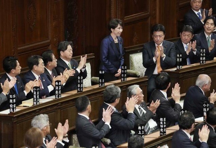 Момент переизбрания Санаэ Такаити на пост премьер-министра Японии в палате представителей страны, 18 февраля 2026 года, Япония (Фото: Kyodo News)