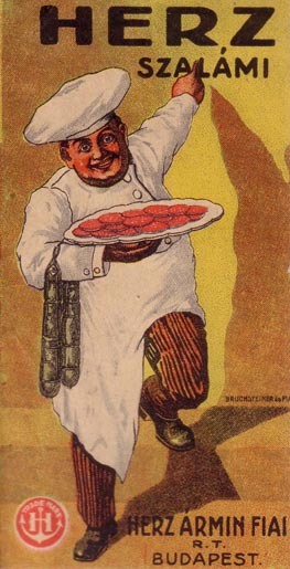 Венгерский плакат с зимней салями в качестве рекламы. Будапешт, 1900 год