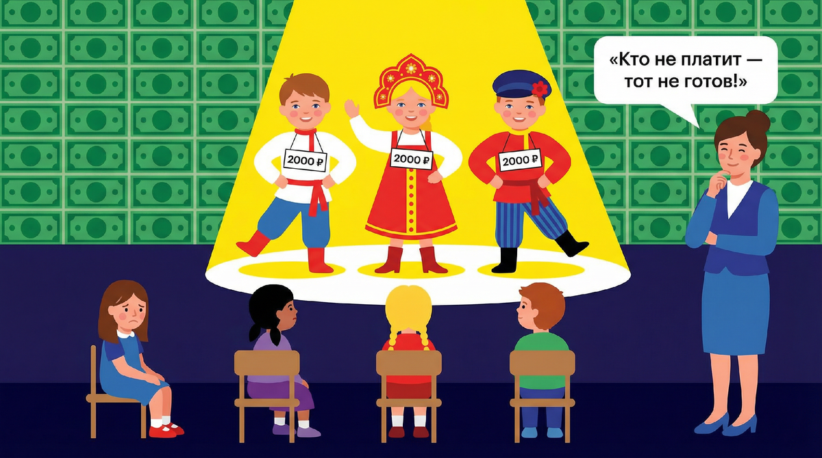 В садике 25 детей, а на утреннике выступали 11. Остальные сидели в группе. Оказалось, нужно платить за кружок, чтобы ребёнка допустили к празднику
