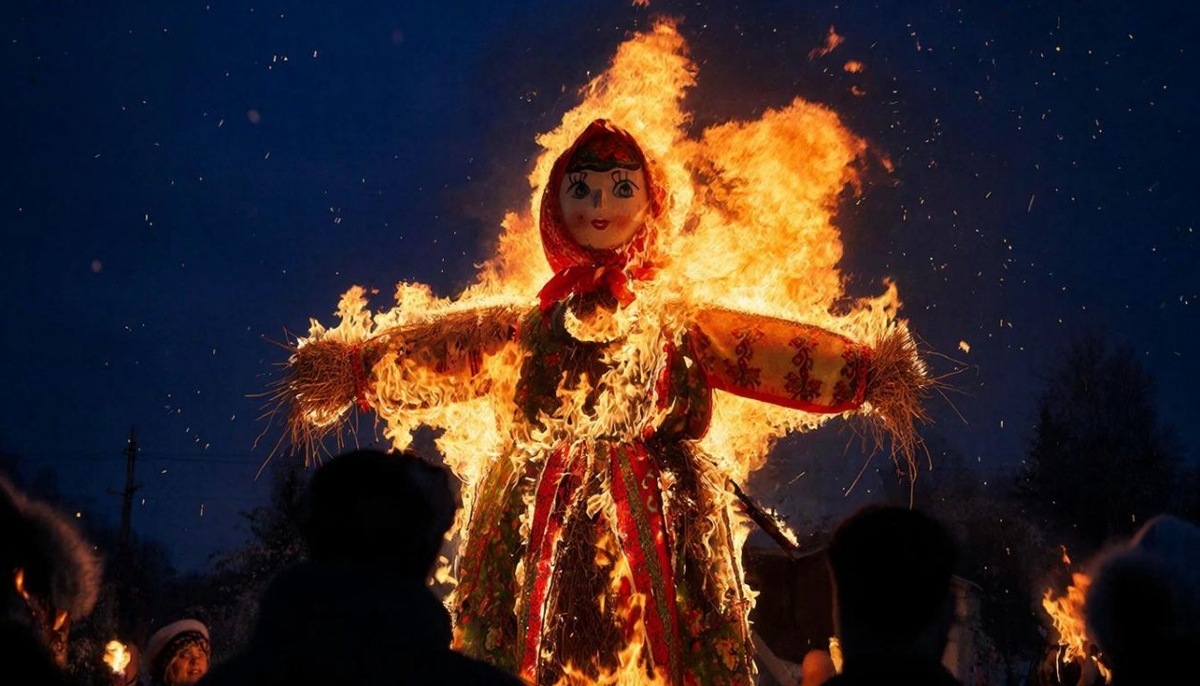 Горящее чучело на масленице