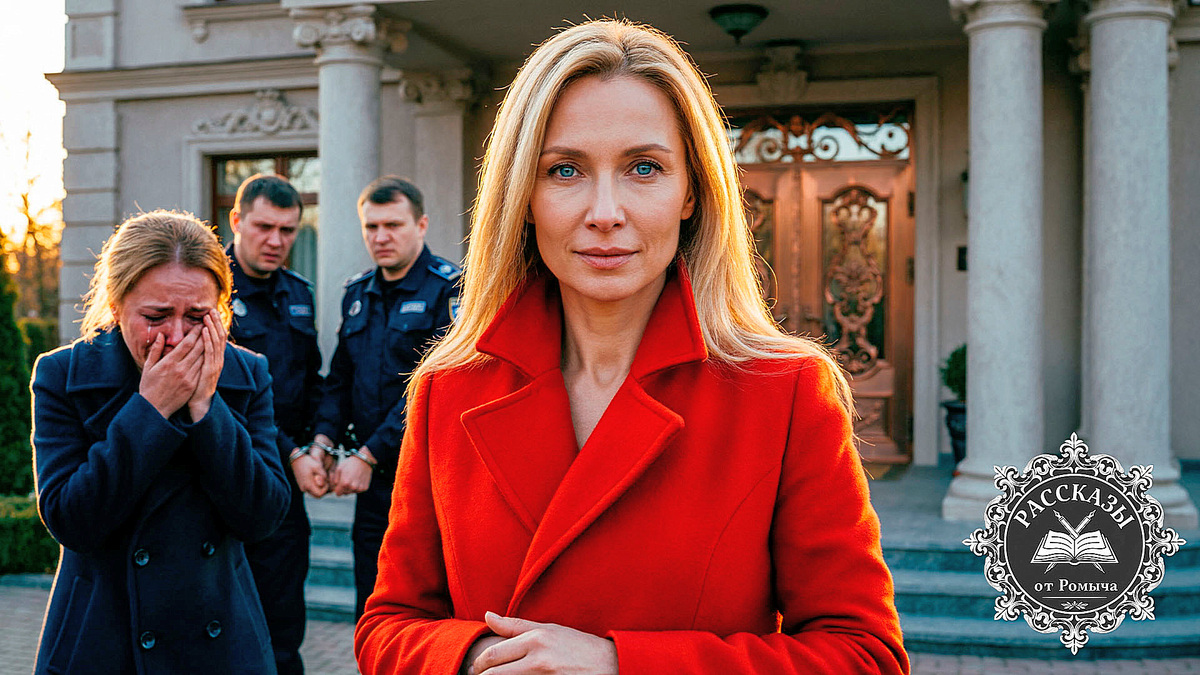 Женщина в красном пальто наблюдает за арестом бывшего мужа на фоне семейного особняка