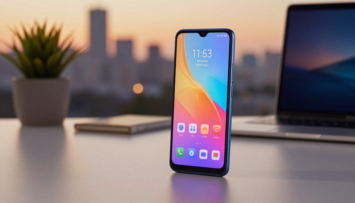 Стильный и изящный смартфон OPPO A6 Pro, расположенный на видном месте на переднем плане, демонстрирует элегантный дизайн с глянцевым покрытием и тонкими изгибами. На экране представлен яркий, красочный интерфейс, привлекающий внимание своей современной эстетикой. В центре внимания - рабочий стол в минималистском стиле с ноутбуком и растением в горшке, что создает впечатление технологичной обстановки. На заднем плане изображен слегка размытый городской пейзаж в сумерках, а теплое освещение создает уютную атмосферу. Камера освещена мягким, рассеянным светом, который подчеркивает особенности телефона без резких теней. Угол обзора немного выше уровня глаз, что обеспечивает динамичный, но в то же время утонченный вид устройства, позволяя зрителю оценить его детализированное мастерство.