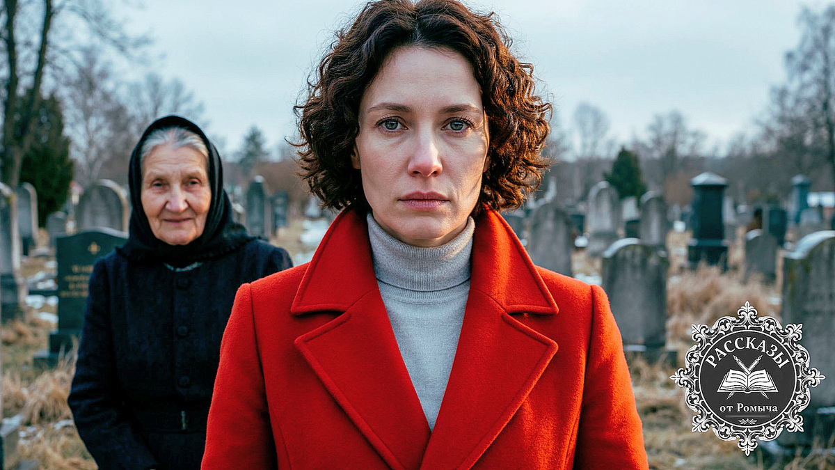 Женщина в красном пальто на фоне кладбища в финале психологической драмы о семейных тайнах