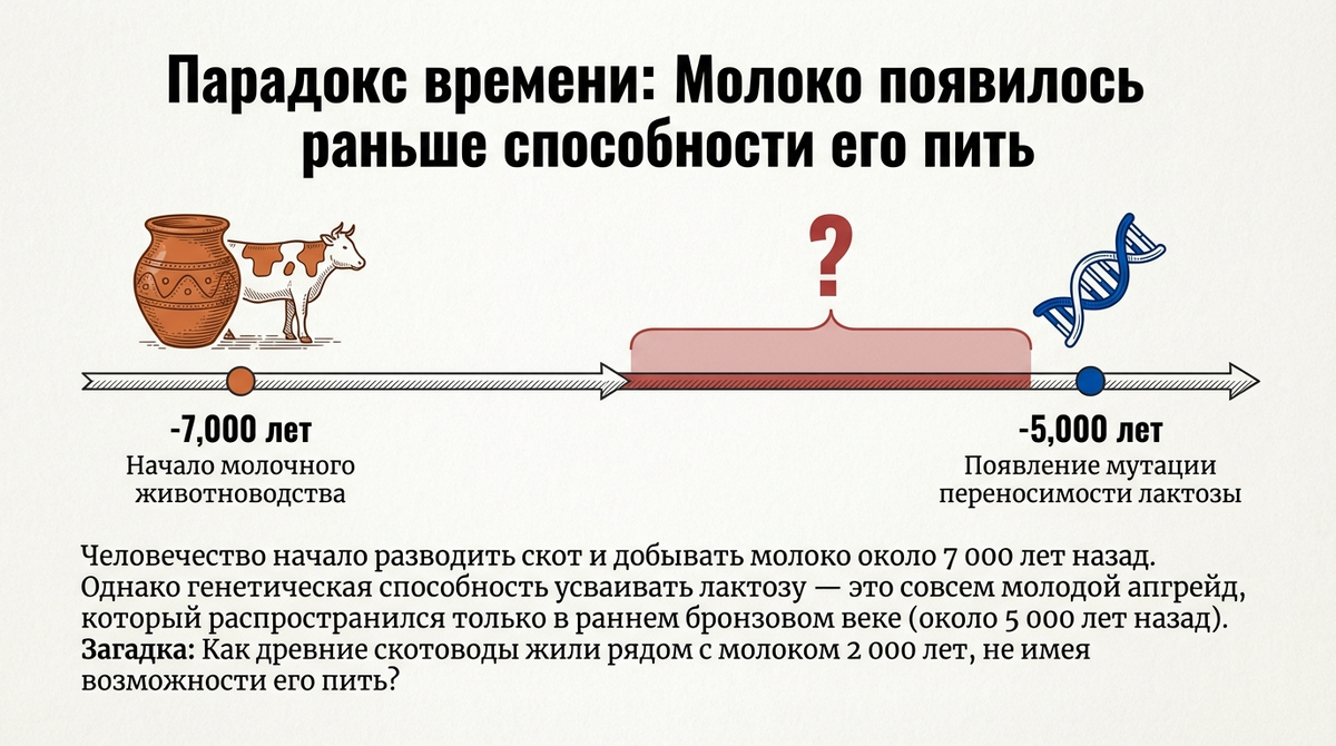 Когда примерно у людей появилась мутация, позволяющая усваивать молоко во взрослом возрасте?

A. Около 5,000 лет назад.

B. Около 10,000 лет назад.

C. Около 7,000 лет назад.

D. В середине XIX века. (ответ в конце)