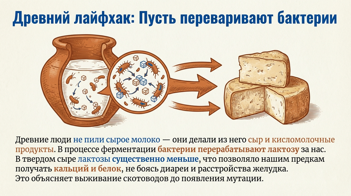 Почему древние люди начали употреблять сыр раньше, чем стали массово пить сырое молоко?

A. В сыре содержится значительно меньше лактозы.

B. Сырое молоко считалось священным и запретным напитком.

C. Сыр было проще перевозить на большие расстояния.

D. Древние коровы не давали достаточно молока для питья. (ответ в конце)