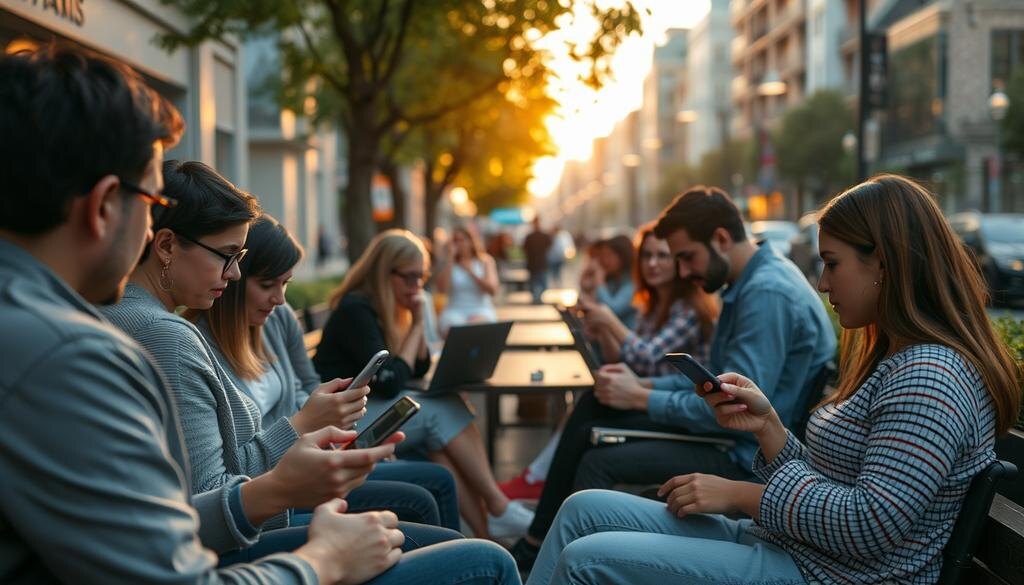    Сцена, где люди используют устройства с экранами в современном городе, мягкое вечернее освещение.