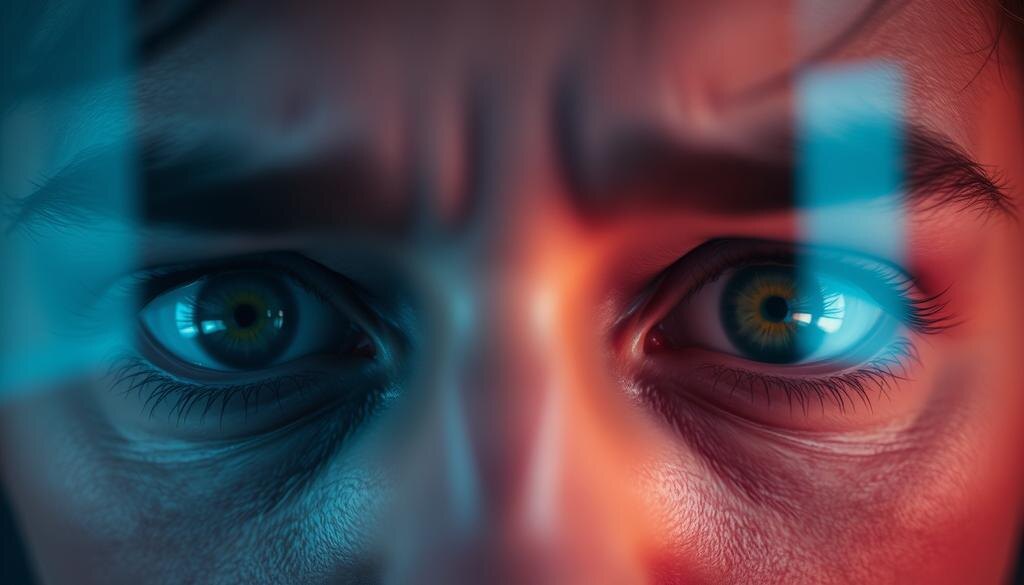    Изображение глаз, следящих за экраном, с преувеличенным напряжением, на фоне мягкого света.