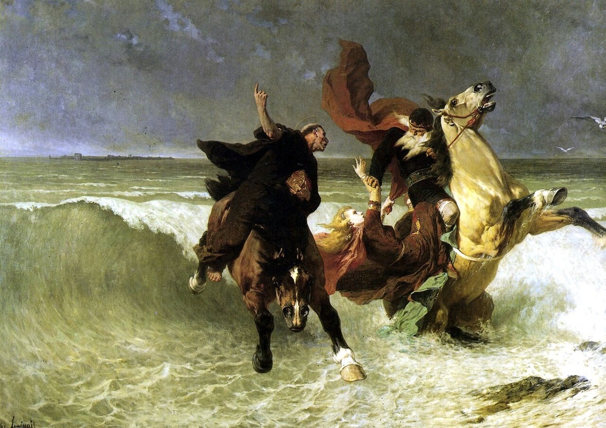 Святой Гвенноле приказывает Градлону бросить дочь в море. Э. В. Люмине, 1884