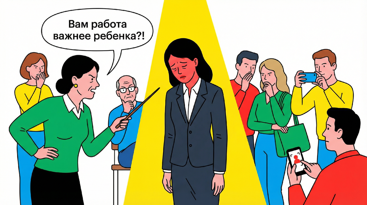 👩‍⚖️ Воспитатель устроила публичную порку тем, кто не ходит на утренники: «А теперь пройдёмся по списку нерадивых мам! Иванова, Петрова, Сидорова — вам работа важнее детей? Дети плачут, ищут глазами маму, а вас нет! Стыдно должно быть!»