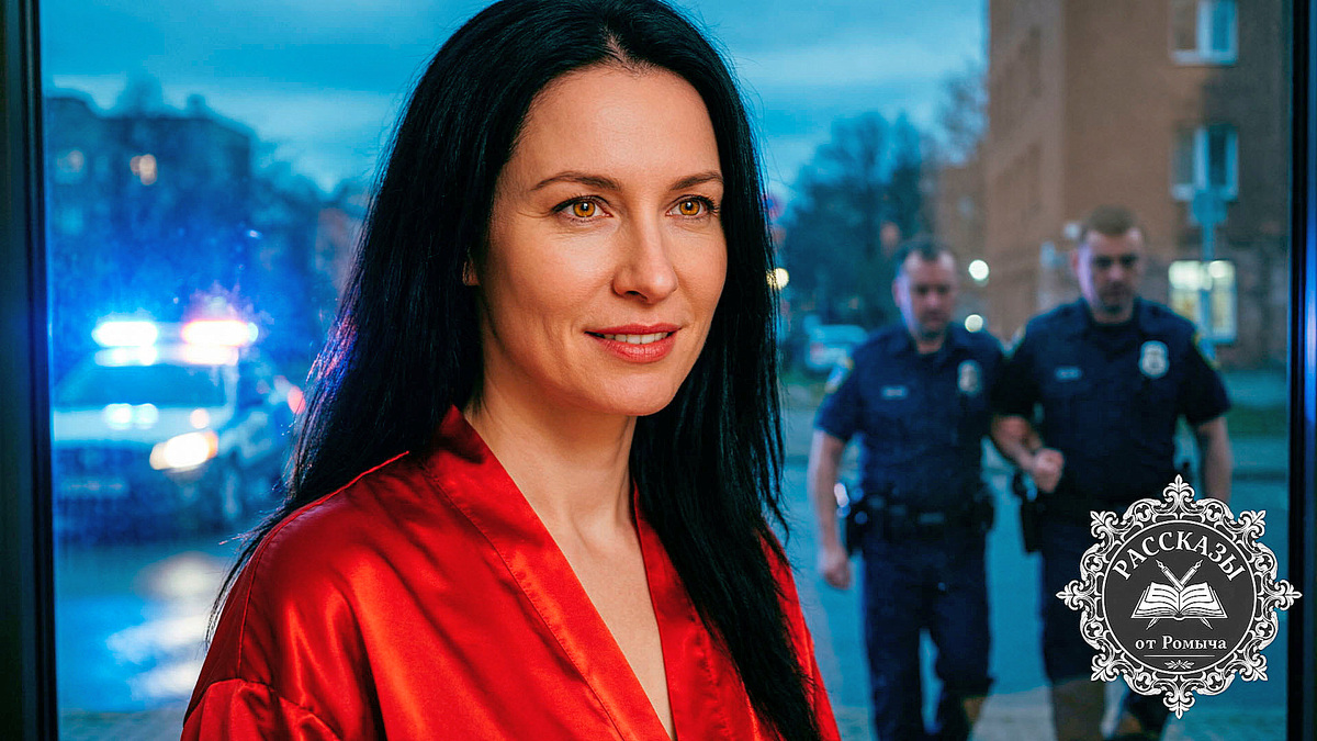 Торжествующая женщина в красном у окна наблюдает за арестом бывшего мужа в свете полицейских мигалок