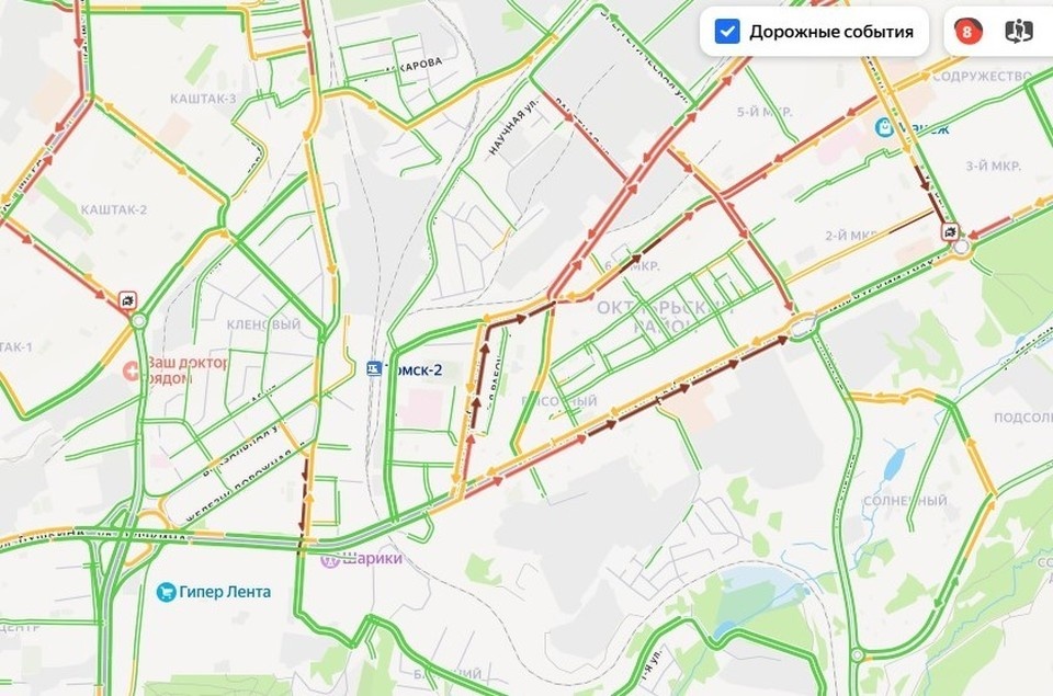    Вечером томичам также сложно попасть в Октябрьский район, как утром выехать из него. Фото: скриншот сервиса «Яндекс. Пробки»