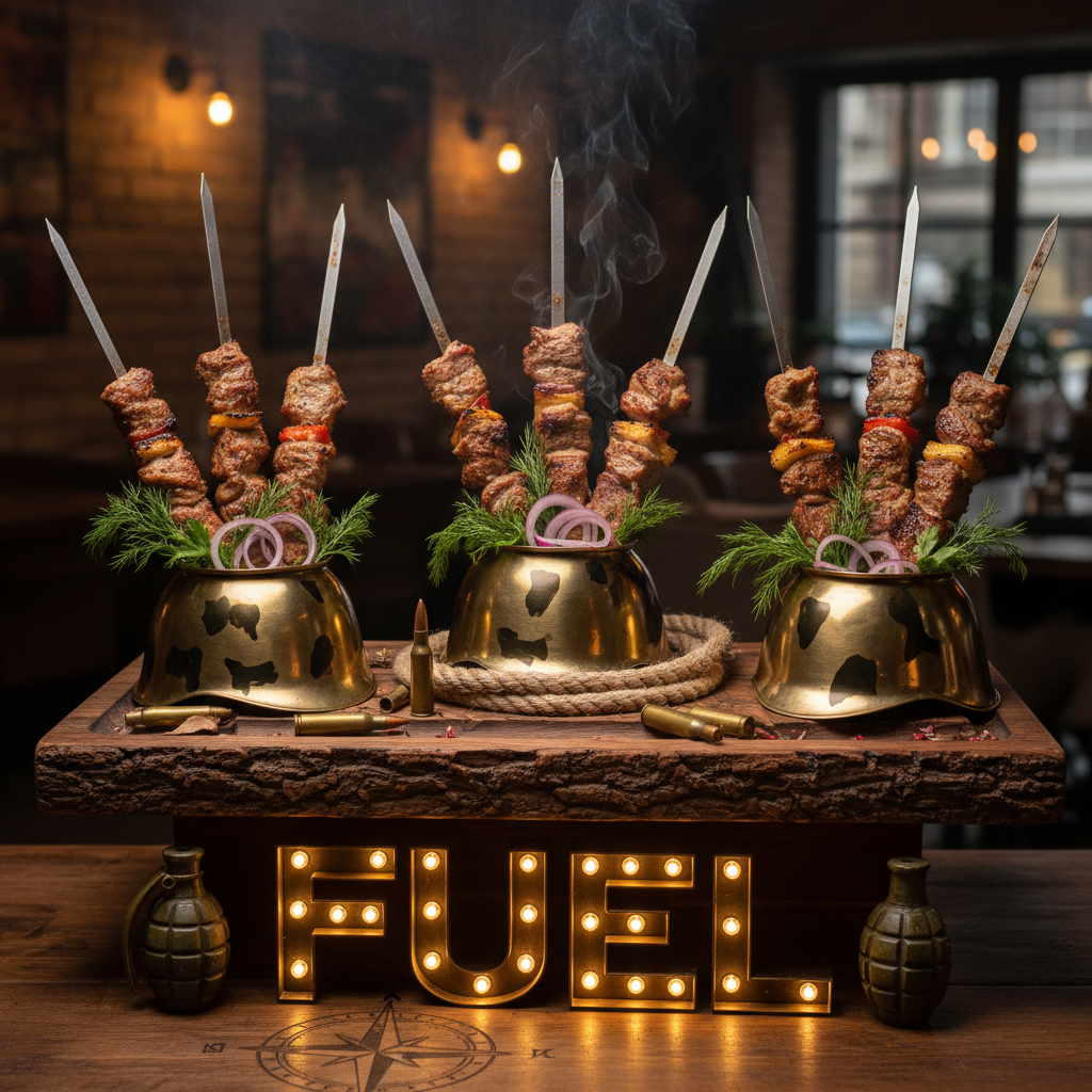 Шашлык поданный в мини-кейсах, стилизация под армейскую тематику