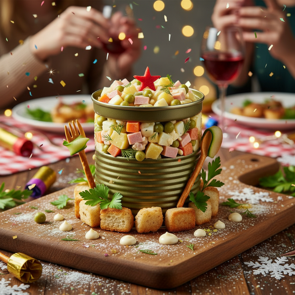 Оливье, оформленный в стиле армейской посуды