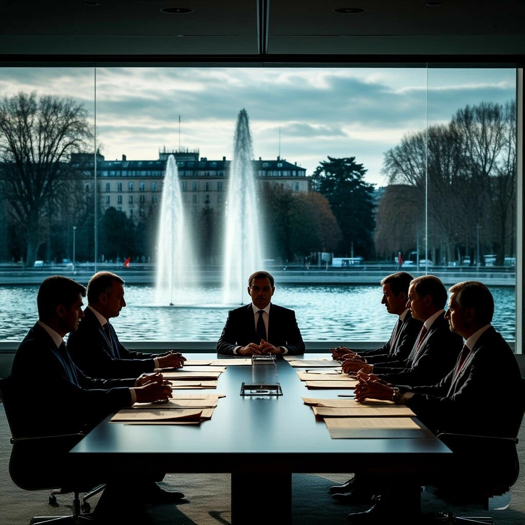  Конференц-зал в Женеве с фонтаном Jet d'Eau за окном . А за спинами переговорщиков стоит призрачная тень Стамбула-2022. 