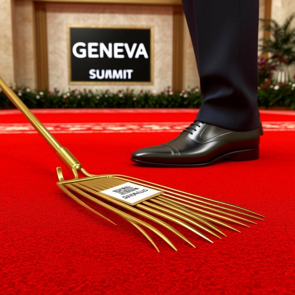  Золотые грабли лежат на красной дорожке перед табличкой с надписью "Женева-Саммит" . На граблях наклейка : "Сделано в Стамбуле". Нога в начищенном ботинке вот-вот наступит на грабли. 