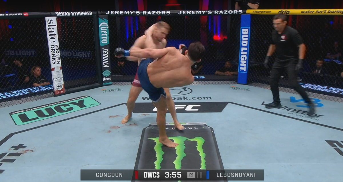 Жан-Поль Лебоснояни наносит сокрушительный хайкик / скриншот из официальной трансляции DWCS