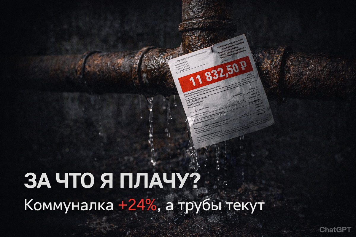 Ржавая труба в подвале, из которой течёт вода. На трубе висит платёжка с высокой суммой. Символ абсурда: платим больше, а качество не меняется.