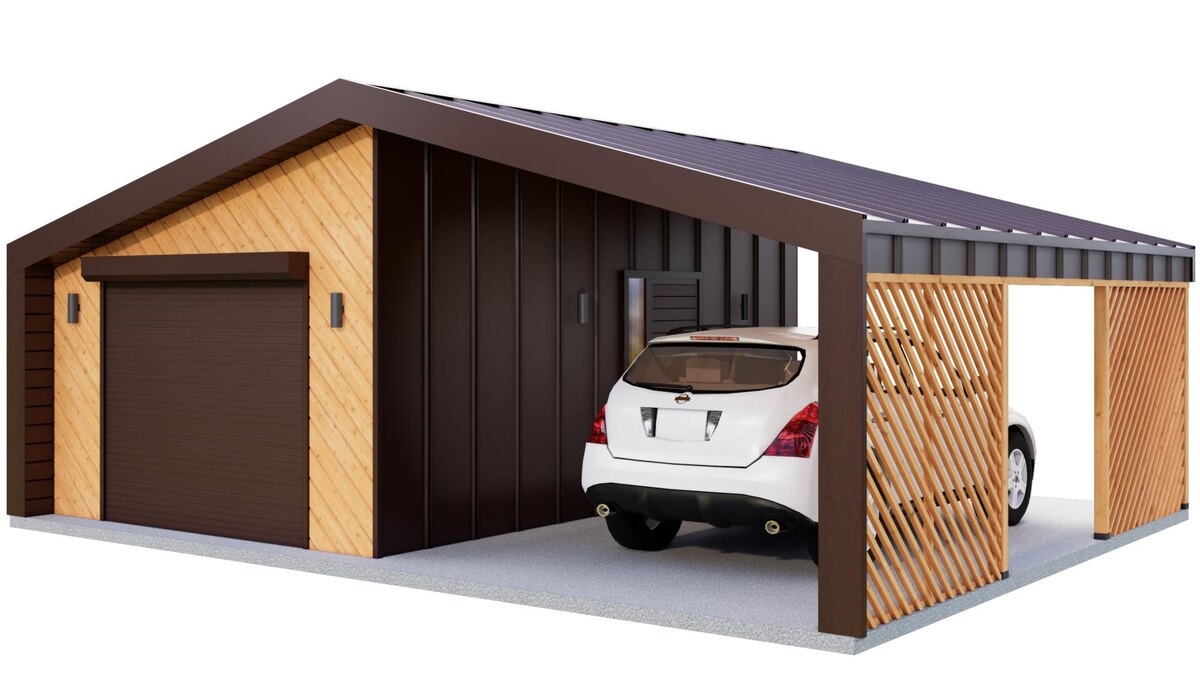 Гараж с навесом 8,0х6,5м для двух авто (электропривод ворот и кронштейн для колес в подарок)