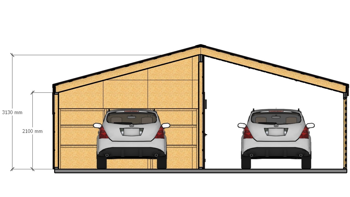Разрез гаража с навесом 8,0х6,5м для двух авто