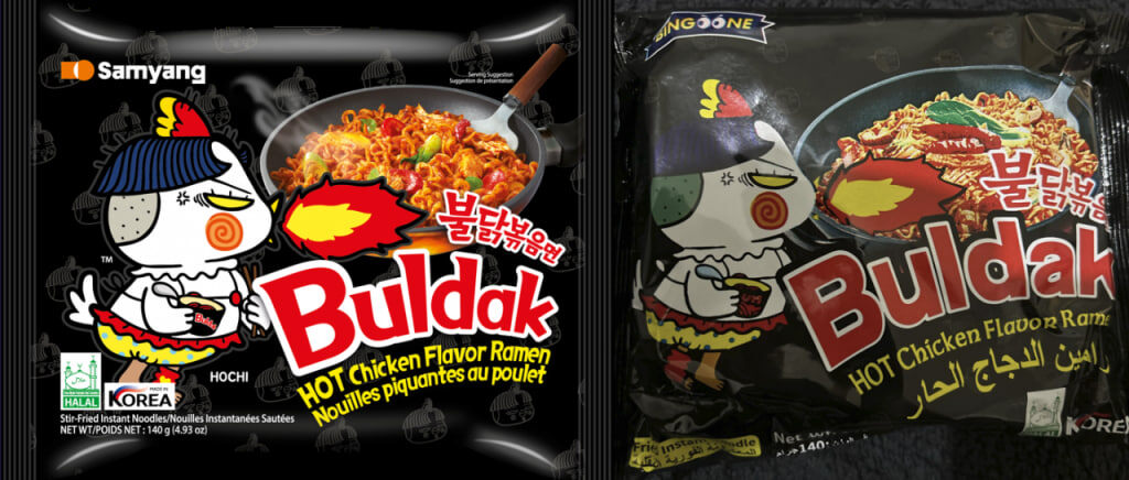 Изображение: Buldak от Samyang Foods (слева), продукт, похожий на Buldak (справа).