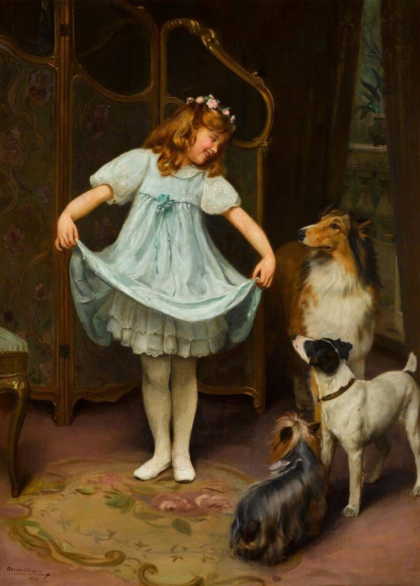 Маленькая хозяйка показывает своим любимцам танцевальные па, которые разучила на уроке танцев. Зрители - колли и два терьера, йоркшир и гладкошерстный фокс.