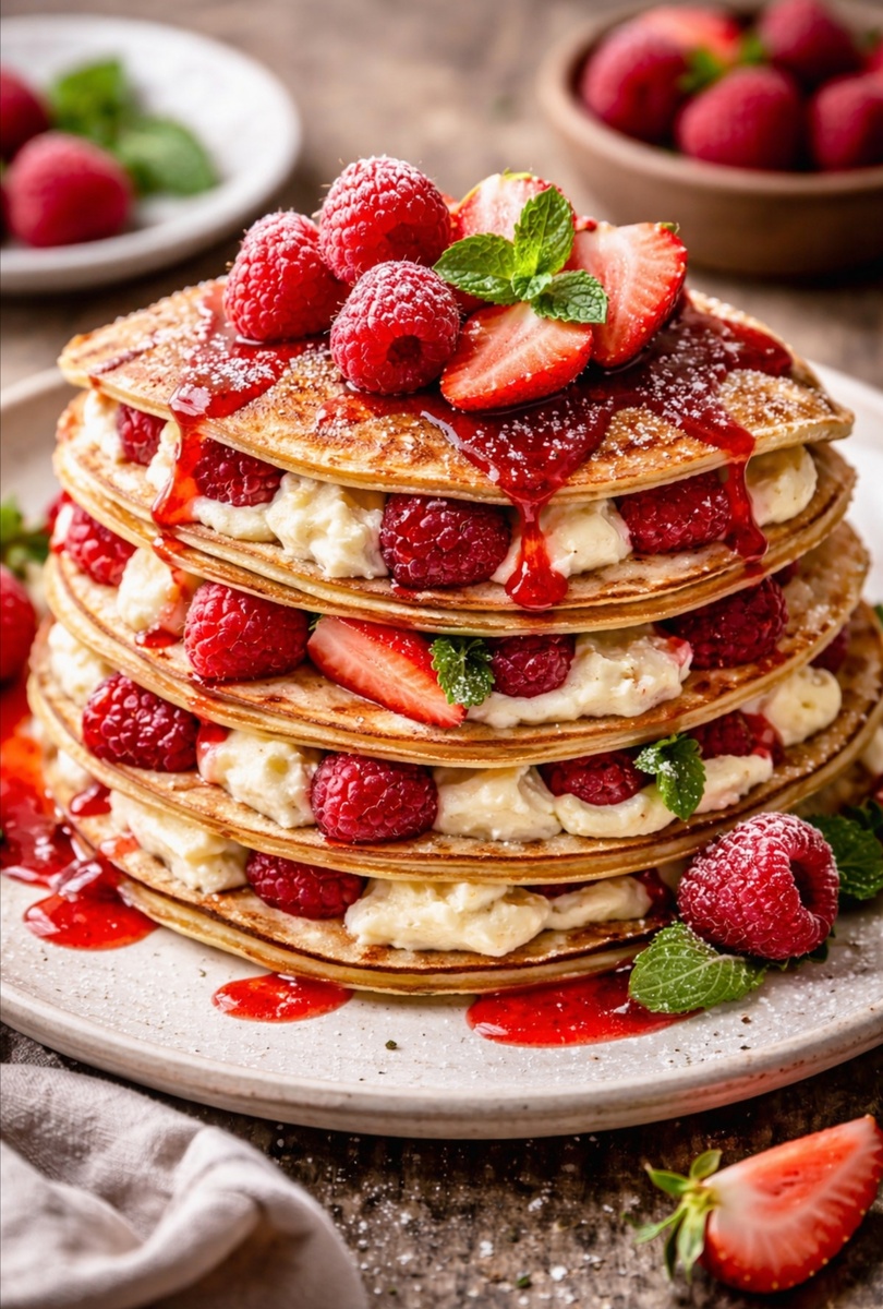 Блины «Ягодная Масленица» с творожным кремом и малиновым соусом