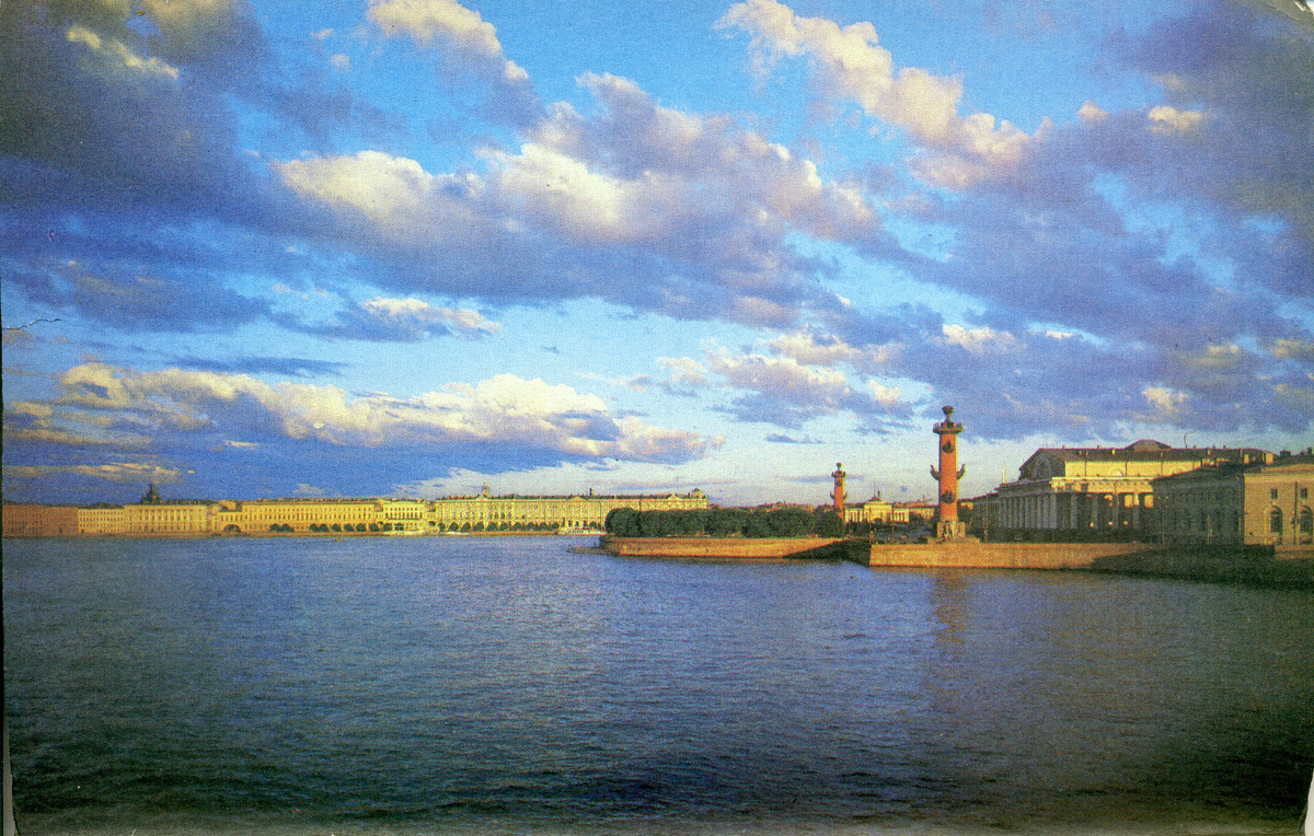 Вид на Стрелку Васильевского острова с Биржей и Ростральными колоннами.