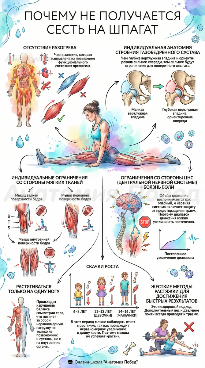 Далеко не всегда дело в упорстве, желании или стремлении. Причин может быть масса, достаточно взглянуть на картинку, чтобы понять, шпагат не так прост, как кажется 