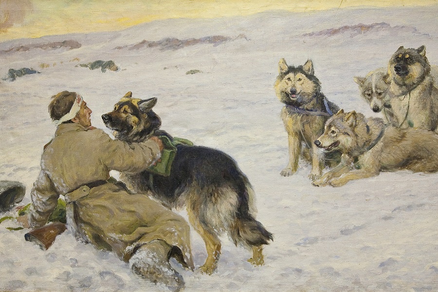 Комаров А.Н. Нахождение раненого собакой-санитаром. Из коллекции Дарвиновского музея