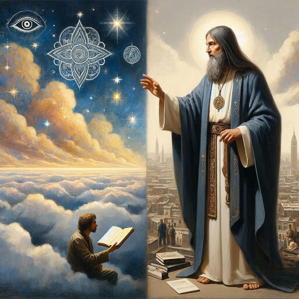 Жрец, стоит между небесным и земным, соединяя духовное и материальное