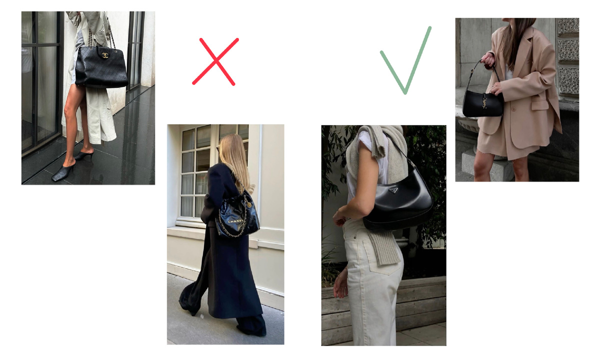 Левый вариант - сумка перетягивает акцент, правый - сумка гармонирует с образом