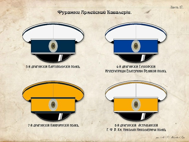 Фуражки Армейской Кавалерии. 1914. Лист 17 из 37. 5-й драгунскiй Каргопольскiй полкъ. 6-й драгунскiй Глуховскiй Императрицы Екатерины Великой полкъ. 7-й драгунскiй Кинбурнскiй полкъ. 8-й драгунскiй Астраханскiй Г.-Ф. В. Кн. Николая Николаевича полкъ. Автор: историк Андрей Геннадьевич Мáлов-Гра, редактор, член Союза кинематографистов РФ, художник-иллюстратор, преподаватель высшей категории. Темы: униформа, мундиры, знаки различия. Ссылка: https://vk.com/club76715164?from=groups&z=photo-76715164_457240896%2F2de097e4f293574079 Это закрытое сообщество в ВК. Для справки: 12 октября 2026 года исполняется 215 лет со дня сформирования Астраханского кирасирского полка. Ссылка: https://dzen.ru/a/aYDTflXfxAxLtk_f Для справки: 12.10.1811 — генерал-майором Бороздиным 2-м в м. Усвяты Велижского уезда Витебской губернии сформирован Астраханский кирасирский полк в составе 5-ти эскадронов. 10.05.1838 — Кирасирский Принца Вильгельма Прусского полк. 26.09.1851 — Астраханский кирасирский полк. 20.09.1852 — Кирасирский Е. И. В. Великого Князя Николая Николаевича полк. 25.03.1864 — 8-й драгунский Астраханский Его Императорского Высочества Великого Князя Николая Николаевича Старшего полк. 26.04.1891 — 22-й драгунский Астраханский генерал-фельдмаршала Великого Князя Николая Николаевича полк. 06.12.1907 — 8-й драгунский Астраханский генерал-фельдмаршала Великого Князя Николая Николаевича полк. 27.12.1917 — Астраханский кирасирский украинский полк. 1918 — упразднён.

